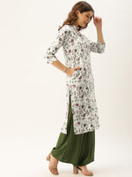 White & Green Floral Printed Straight Kurta