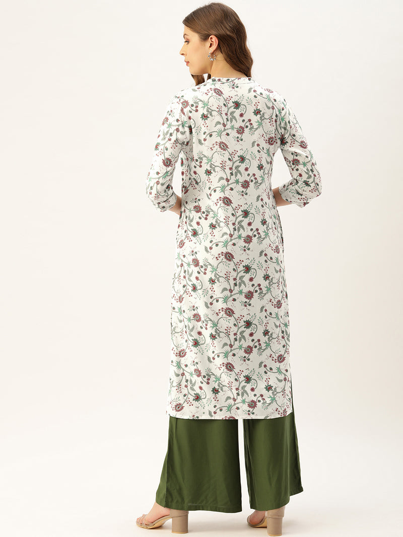 White & Green Floral Printed Straight Kurta
