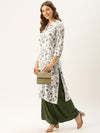 White & Green Floral Printed Straight Kurta