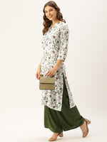 White & Green Floral Printed Straight Kurta