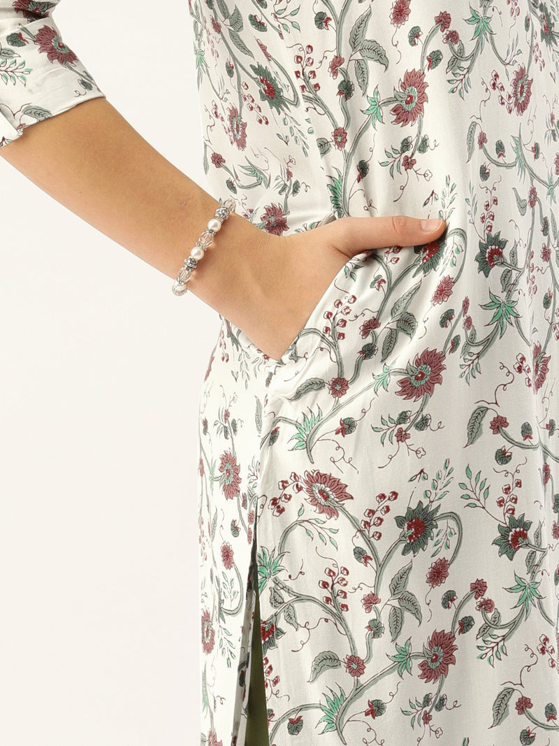 White & Green Floral Printed Straight Kurta