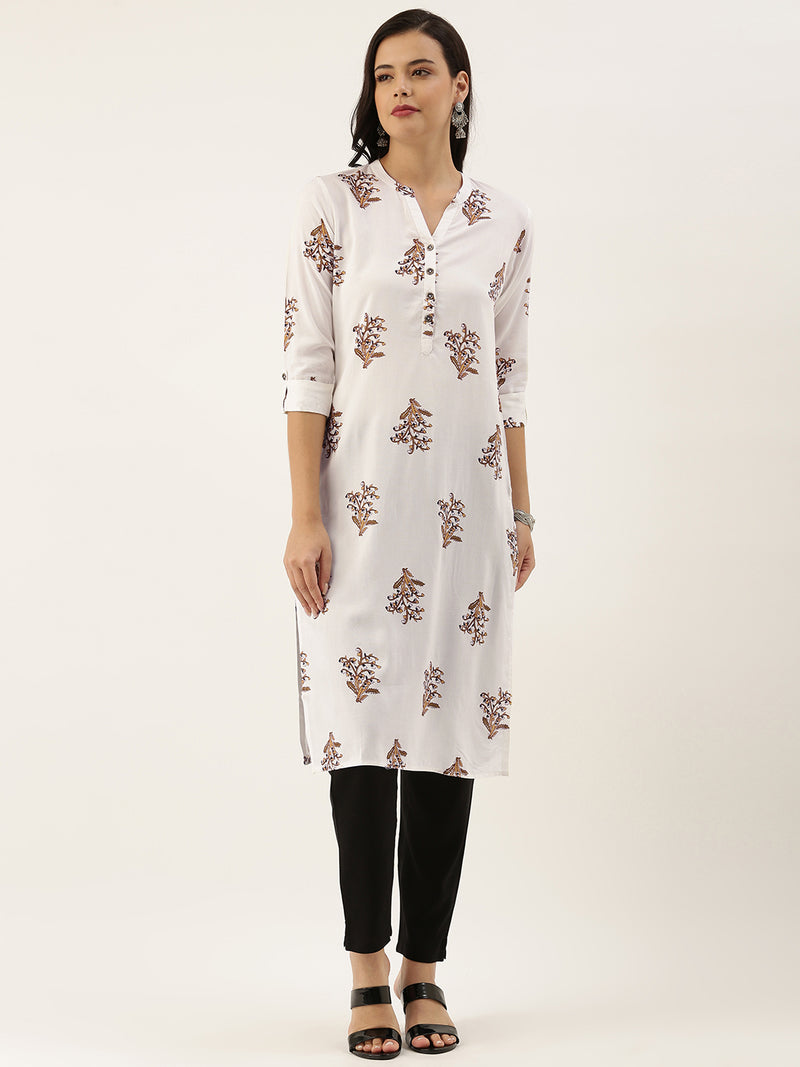 White Brown Floral Printed Kurta