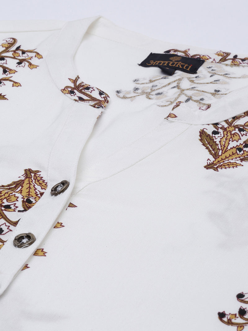 White Brown Floral Printed Kurta