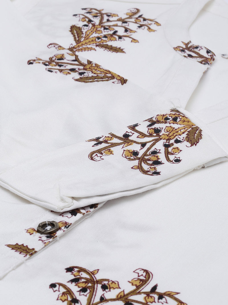 White Brown Floral Printed Kurta