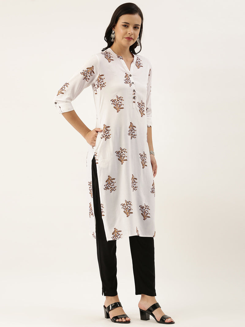 White Brown Floral Printed Kurta