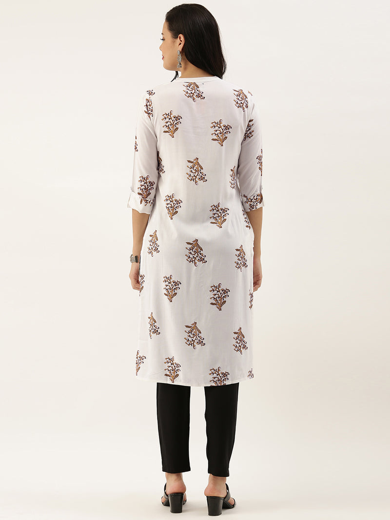 White Brown Floral Printed Kurta