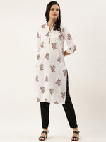 White Brown Floral Printed Kurta