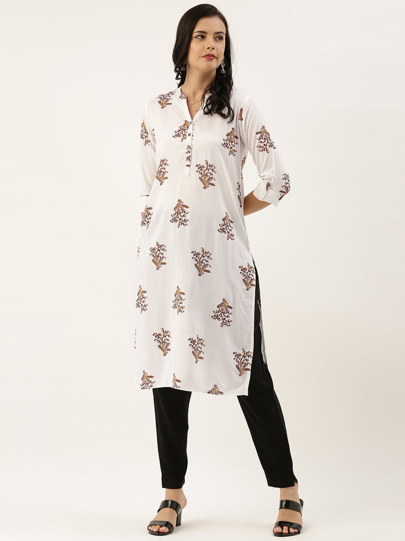 White Brown Floral Printed Kurta