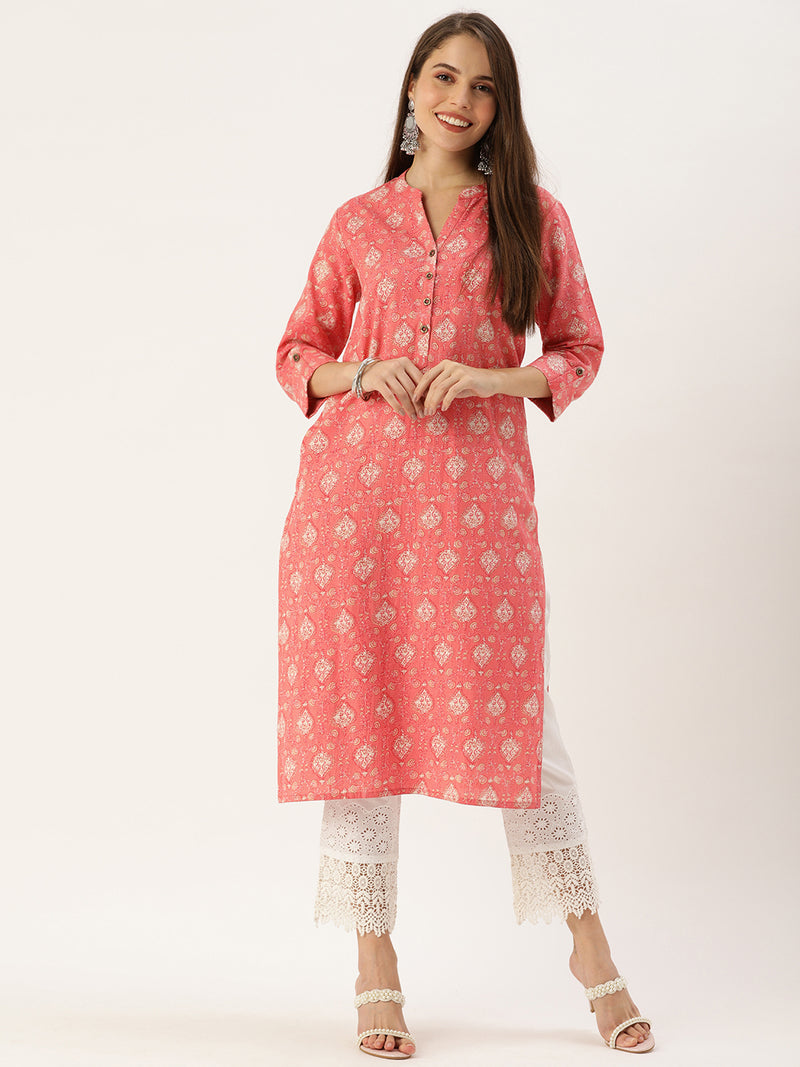 Pink  White Ethnic Motifs Printed Kurta