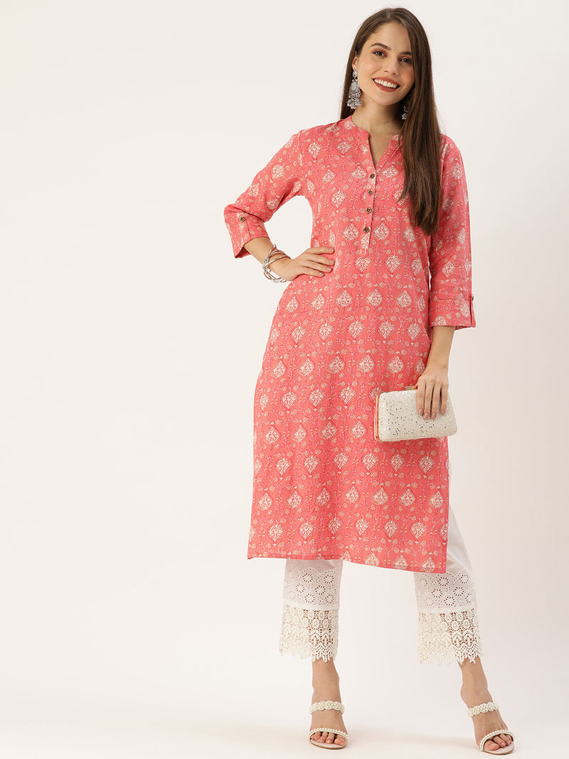 Pink  White Ethnic Motifs Printed Kurta
