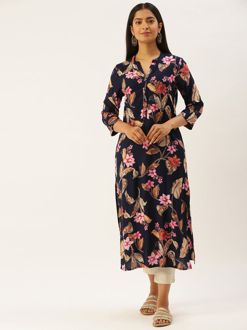 Navy Floral Printed Kurta