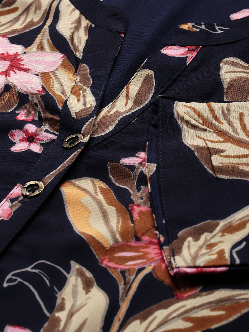 Navy Floral Printed Kurta