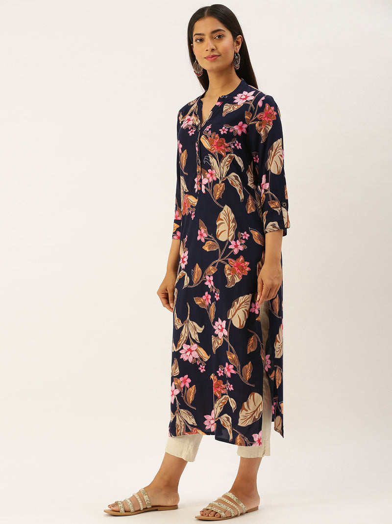 Navy Floral Printed Kurta