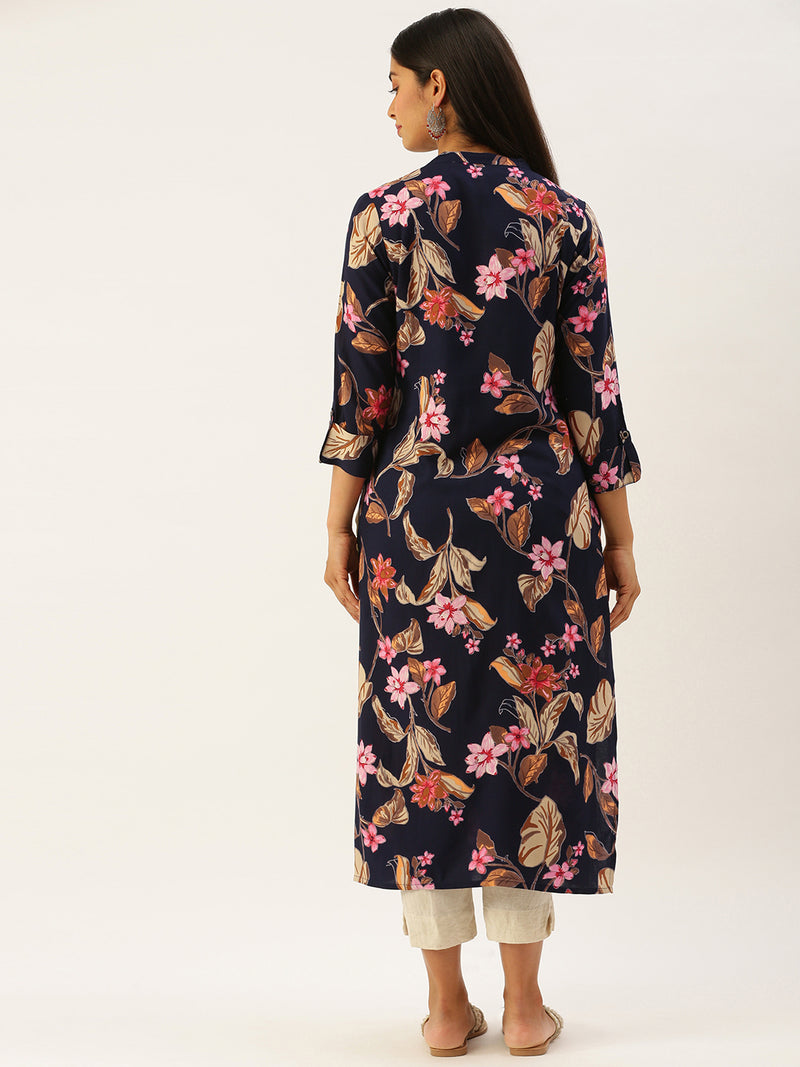 Navy Floral Printed Kurta