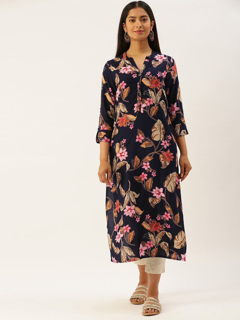 Navy Floral Printed Kurta