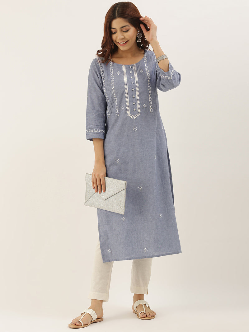 Denim Chikankari Embroidery Kurta