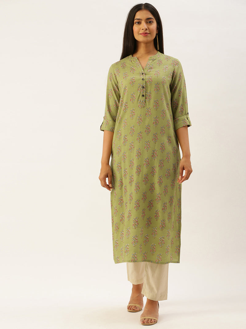 Green  Pink Hand Block Floral Print  kurta