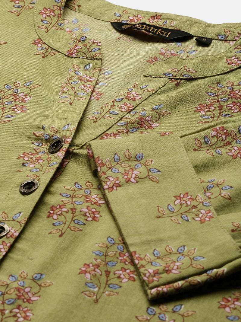 Green  Pink Hand Block Floral Print  kurta