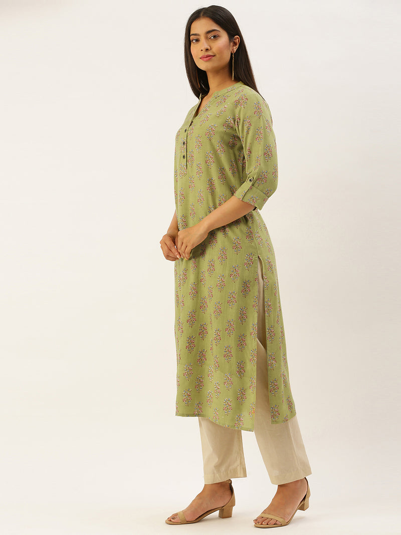 Green  Pink Hand Block Floral Print  kurta