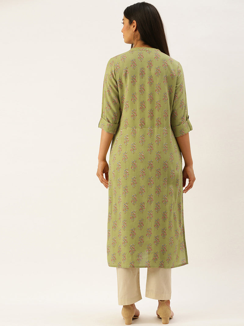 Green  Pink Hand Block Floral Print  kurta