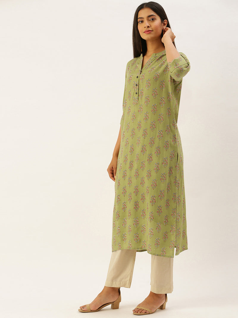 Green  Pink Hand Block Floral Print  kurta