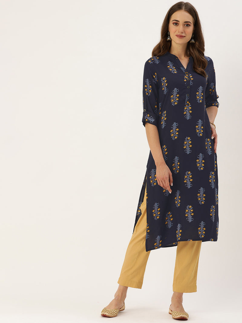 Navy Blue Mustard Yellow Floral Printed Kurta