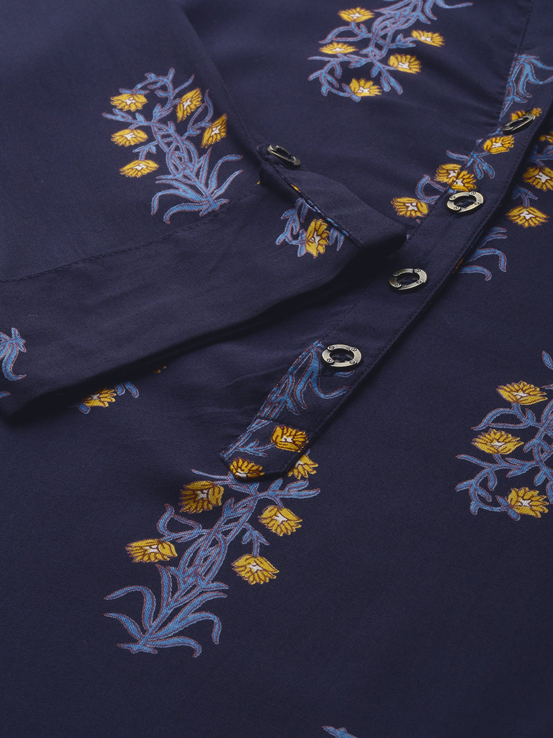 Navy Blue Mustard Yellow Floral Printed Kurta