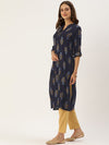 Navy Blue Mustard Yellow Floral Printed Kurta