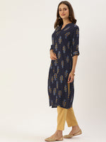 Navy Blue Mustard Yellow Floral Printed Kurta