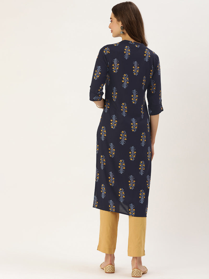 Navy Blue Mustard Yellow Floral Printed Kurta