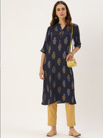 Navy Blue Mustard Yellow Floral Printed Kurta