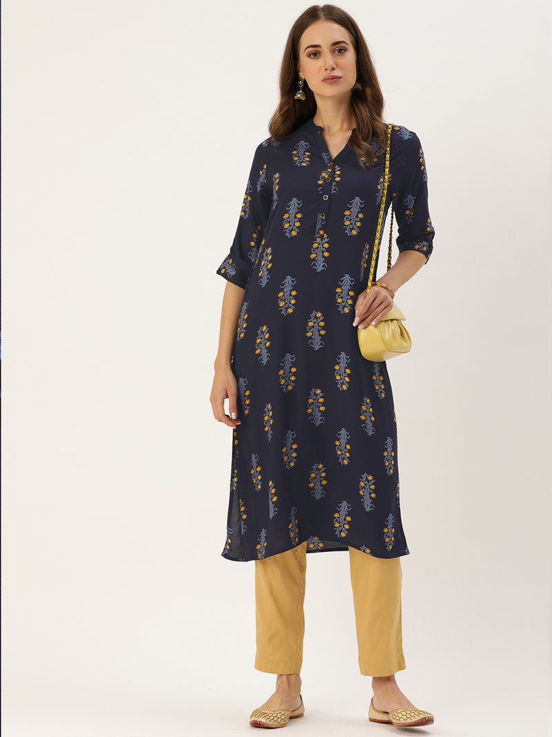 Navy Blue Mustard Yellow Floral Printed Kurta