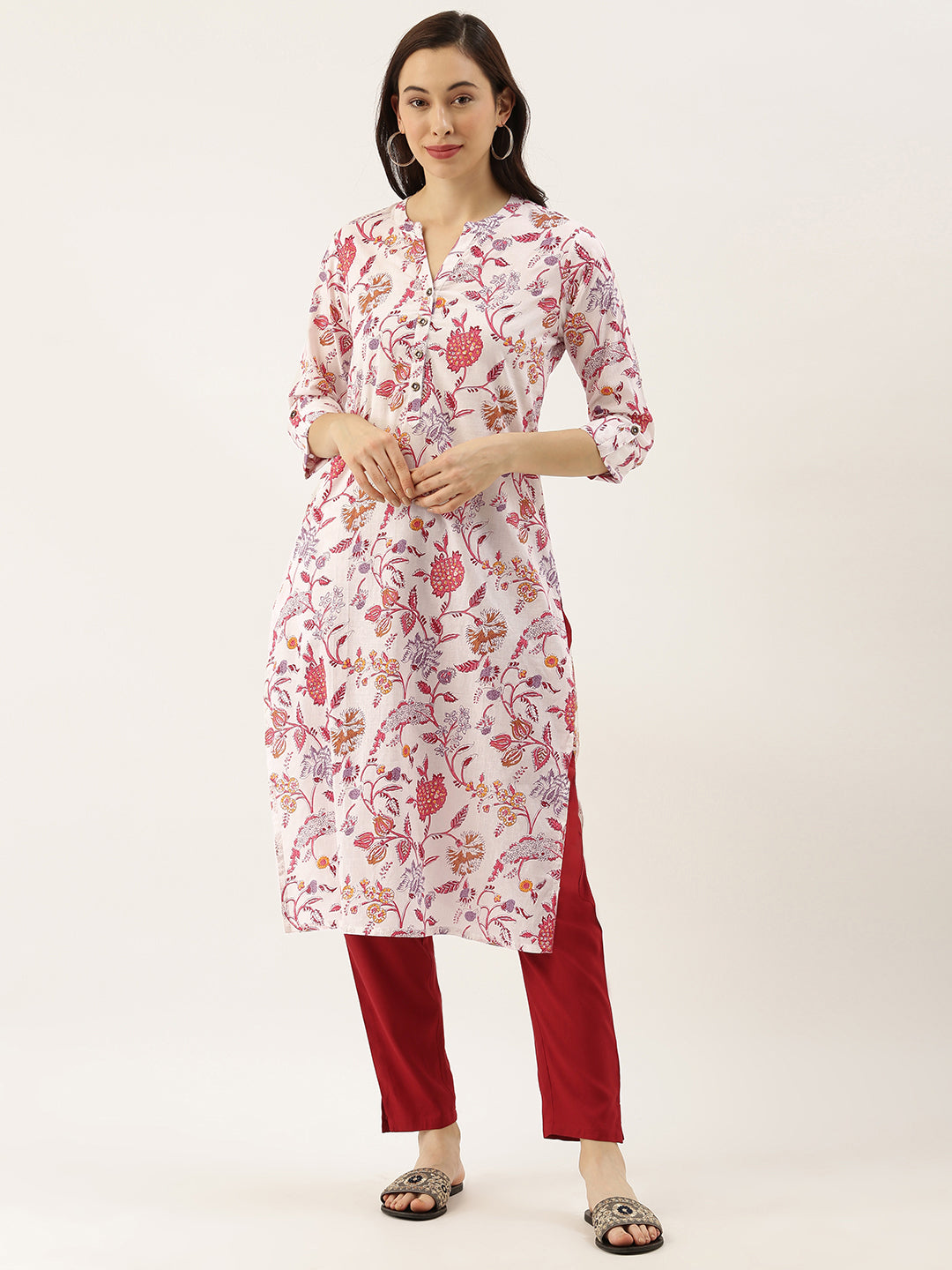 White  Pink Floral Printed Kurta
