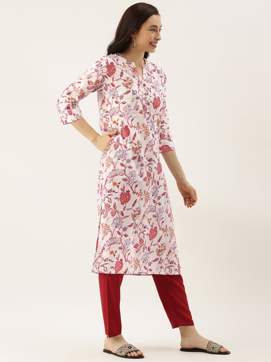 White  Pink Floral Printed Kurta