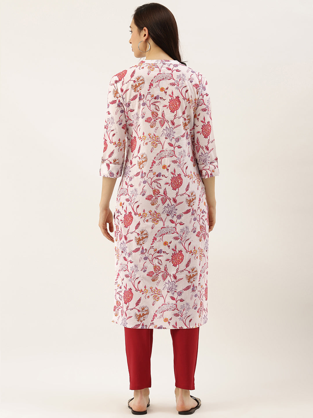 White  Pink Floral Printed Kurta