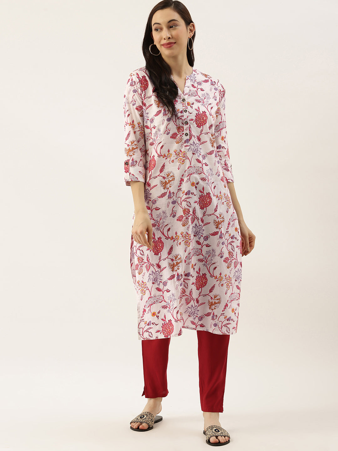 White  Pink Floral Printed Kurta