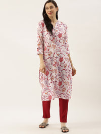 White  Pink Floral Printed Kurta