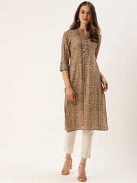 Beige  Maroon Ethnic Motifs Foil Printed Kurta
