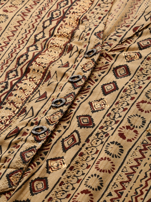 Beige  Maroon Ethnic Motifs Foil Printed Kurta