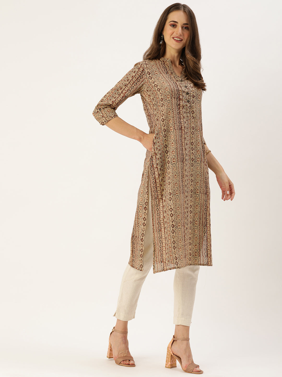 Beige  Maroon Ethnic Motifs Foil Printed Kurta