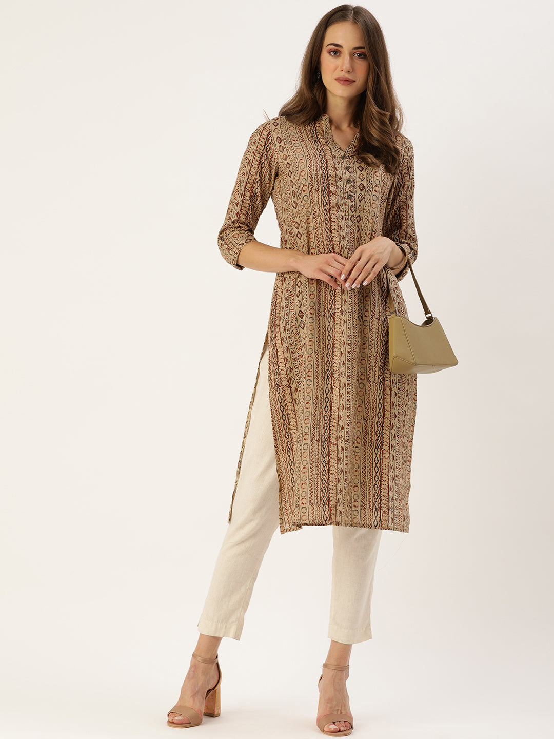 Beige  Maroon Ethnic Motifs Foil Printed Kurta