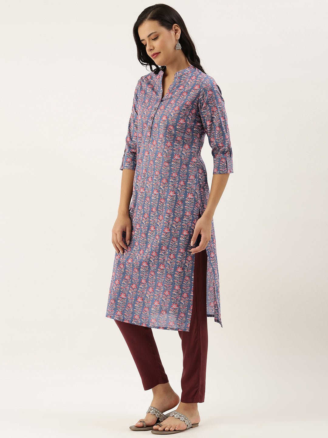 Blue Pink Floral Printed Kurta