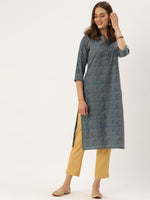 Navy Blue  White Chevron Printed Indigo Kurta