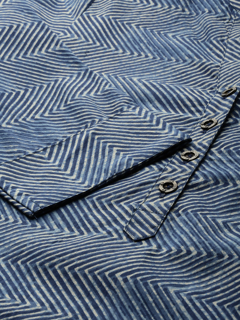 Navy Blue  White Chevron Printed Indigo Kurta