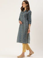 Navy Blue  White Chevron Printed Indigo Kurta