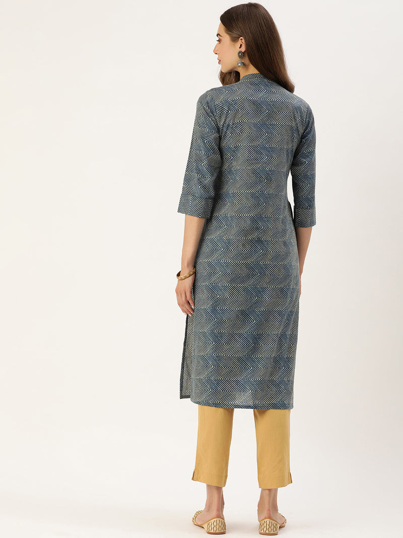 Navy Blue  White Chevron Printed Indigo Kurta