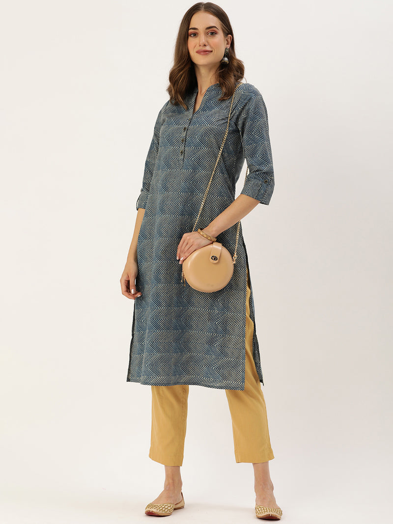 Navy Blue  White Chevron Printed Indigo Kurta