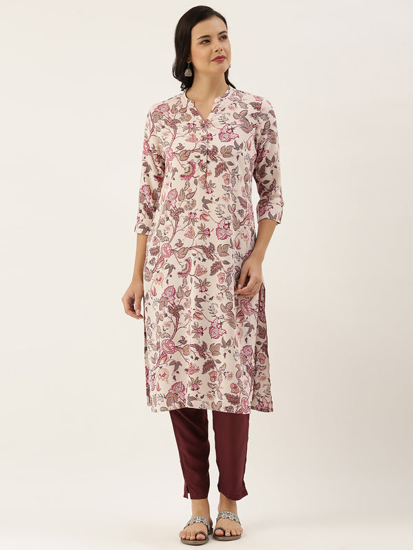 Beige Floral Printed Kurta with a pocket