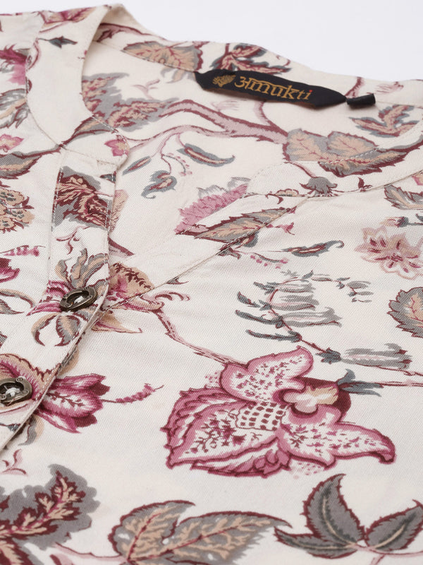 Beige  Maroon Floral Printed Kurta
