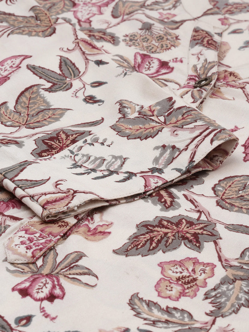 Beige  Maroon Floral Printed Kurta